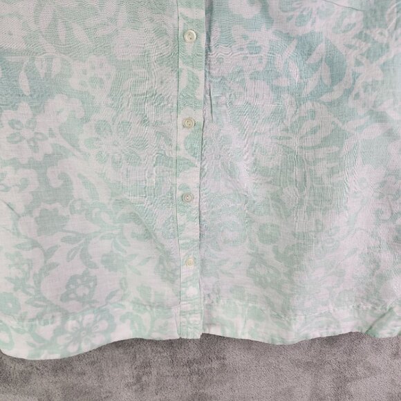 Womens Charter Club Blouse Shirt 100% Linen Teal White Floral Button Up Size 14 - Picture 3 of 10
